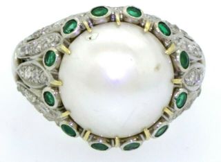 Antique 18K WG 2.  15CT VS diamond emerald 13.  0mm Mabe pearl cocktail ring sz 8.  75 2
