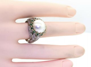 Antique 18K WG 2.  15CT VS diamond emerald 13.  0mm Mabe pearl cocktail ring sz 8.  75 5