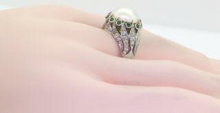 Antique 18K WG 2.  15CT VS diamond emerald 13.  0mm Mabe pearl cocktail ring sz 8.  75 6