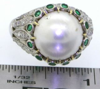 Antique 18K WG 2.  15CT VS diamond emerald 13.  0mm Mabe pearl cocktail ring sz 8.  75 7