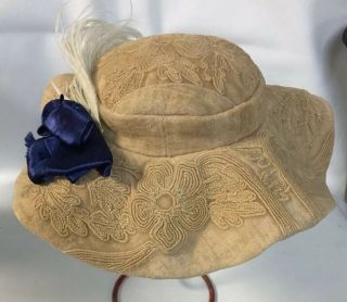 Vintage Hat For Your Antique Doll.  Beige Cotton With Feathers And Bow