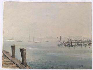 Vintage Oil Painting On Canvas Board Ocean View From The Dock