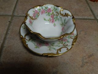 Antique Jp Limoges France Hp Porcelain Rose Design Mayo Dish W / Underplate