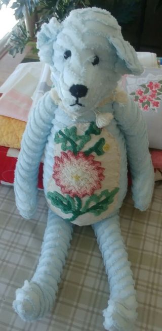 Vintage Chenille Embroidered Hand Made Teddy Bear Large 28 " Blue