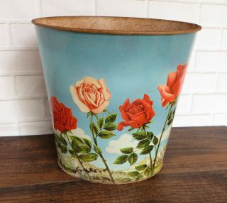 Vintage Tole Metal Garbage Trash Can,  Chic Blue Waste Bin With Rose Flowers