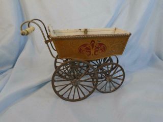 Antique German Marklin Doll Carriage Buggy Tin Metal Gold With Red & Cream Trim