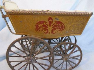Antique German MARKLIN Doll Carriage Buggy Tin Metal Gold with Red & Cream Trim 3