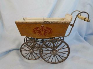 Antique German MARKLIN Doll Carriage Buggy Tin Metal Gold with Red & Cream Trim 5