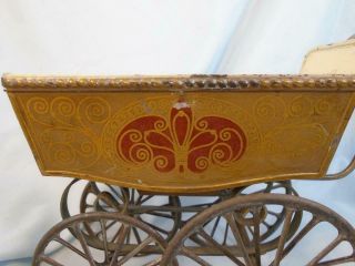 Antique German MARKLIN Doll Carriage Buggy Tin Metal Gold with Red & Cream Trim 6