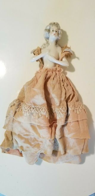 Very Old Demi Figurine Bust Antique Porcelain Pin Cushion Pompadour Half Doll