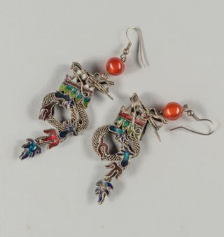 A Chinese Antique Stealing Silver Enamel Earrings