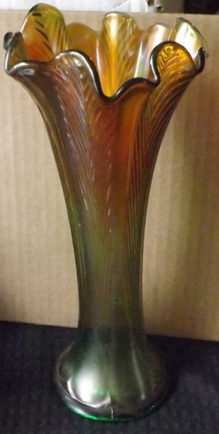 Vintage Antique Northwood Feathers Orange To Green Carnival Glass Vase 10 3/4 "