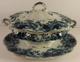 Antique 1845 Ironstone Tonquin W.  Adams & Sons Flow Blue Covered Dish W/tray