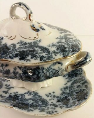Antique 1845 Ironstone Tonquin W.  Adams & Sons Flow Blue Covered Dish W/Tray 3