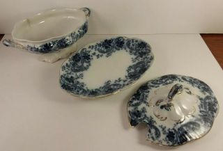 Antique 1845 Ironstone Tonquin W.  Adams & Sons Flow Blue Covered Dish W/Tray 4