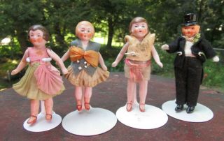 Antique All Bisque Dollhouse Size Dolls Clothes & Groom Cake Topper