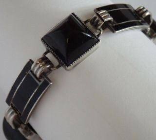 Chic Antique Art Deco Sterling Silver Black Enamel Faux Onyx Bracelet