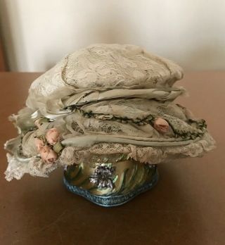 Stunning 19th C.  Antique Lace Hat,  Pale Green With Little Roses Made Of Ribbons