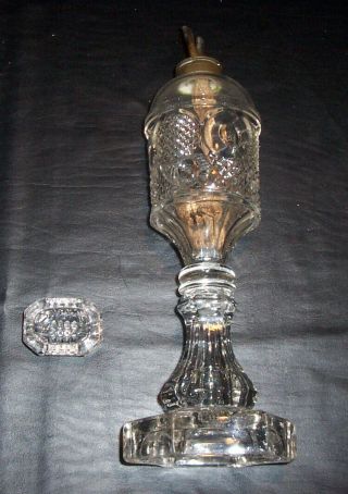 Antique Sandwich Glass Whale Oil Lamp Double Burner Horn Of Plenty - 1840 