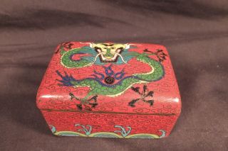 Rare Antique Qing Chinese Cloisonne Opium Box,  Jade Green Dragon On Red Field