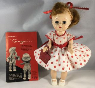 Vintage Ginger Doll In White Dress W - Red Flocked Flowers,  Purse,  Shoes,  Pamphlet