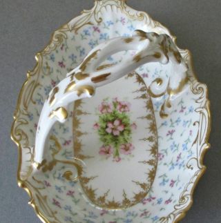 Antique Limoges Porcelain Handled Basket Pink Roses Pink,  Blue Daisies W Gilt