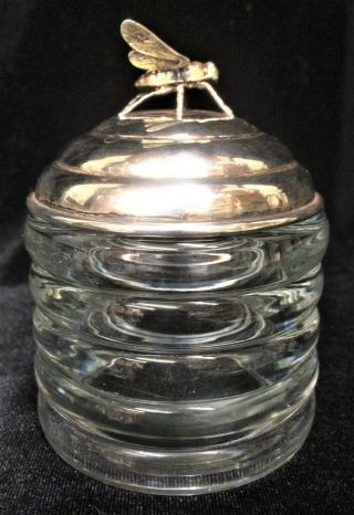 Antique Sterling Silver Lid & Glass Bee Hive Honey Or Mustard Condiment Jar