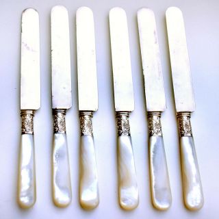 1910 Pearl Handle Dinner Knives By Rogers - Set Of 6 - Sterling Silver Collars