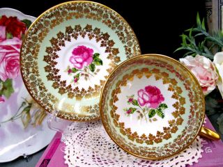 Clarence Tea Cup And Saucer Pink Rose Gold Gilt Lime Green Teacup Pattern Footed