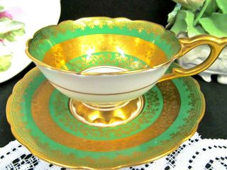 Royal Stafford Tea Cup And Saucer Green & Gold Etched Pattern Teacup Wide Mouth