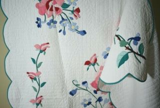 Vintage 30 ' s Rose & Blue Flowers Applique Antique Quilt Quilting 10