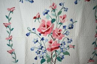Vintage 30 ' s Rose & Blue Flowers Applique Antique Quilt Quilting 2