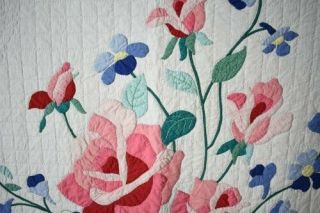 Vintage 30 ' s Rose & Blue Flowers Applique Antique Quilt Quilting 3
