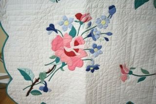 Vintage 30 ' s Rose & Blue Flowers Applique Antique Quilt Quilting 4