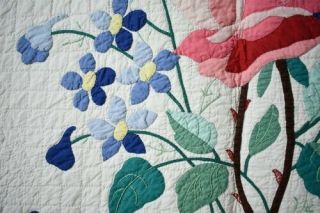 Vintage 30 ' s Rose & Blue Flowers Applique Antique Quilt Quilting 6