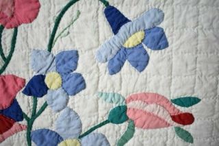 Vintage 30 ' s Rose & Blue Flowers Applique Antique Quilt Quilting 7