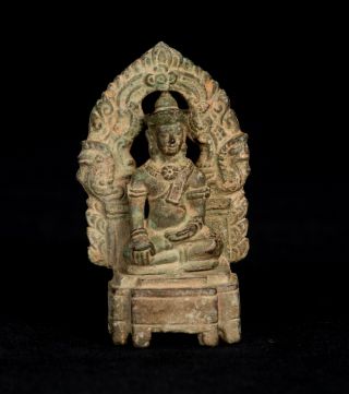 19th Century Antique Bronze Enthroned Khmer Enlightenment Buddha Statue - 7cm/3 "