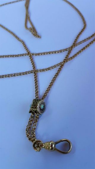 Antique Victorian Gold - Filled Long Watch Chain Necklace With Opal Slide