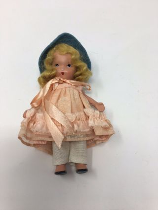 Nancy Ann Storybook Bisque Doll Yellow Hair 5” Floral Dress Felt Bonnet 1940s