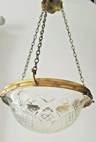 An Antique Ornate Heavy Cut Glass & Brass Bowl Lamp With 3 Chains 1930/1940