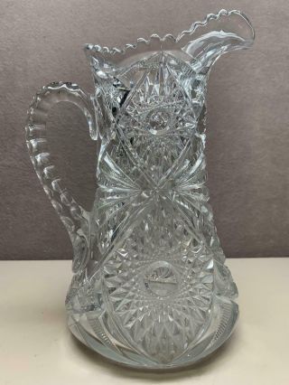 Heavy Crystal Deep Cut Large Antique 10” Lead Pitcher American Brilliant Glass 3