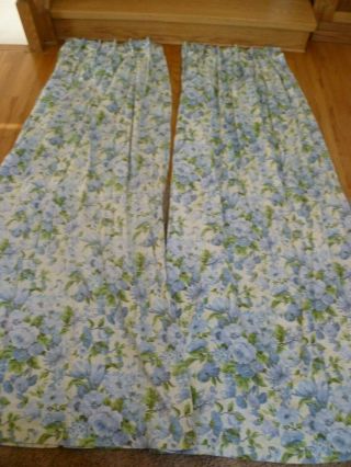 Vintage Set Of 2 Blue White Floral Pinch Pleated Drapery Panels 52 X 84