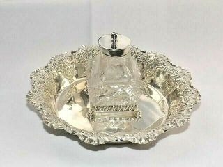 Antique Victorian Solid Silver Sterling Glass Inkwell & Inkstand Sheffield 1895