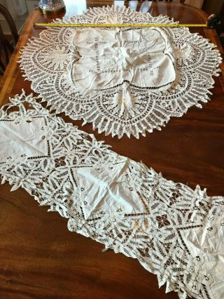 Handmade Victorian Antique Battenburg Round Tablecloth And Runner