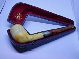 Antique Bbb Meerschaum / Silver Collar And Amber Cased Pipe - 1897