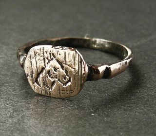Ancient Viking Bronze Ring With Horse Engraving