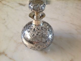 Antique Victorian Sterling Silver Overlay Glass Perfume Bottle & Stopper 5 1/2 "