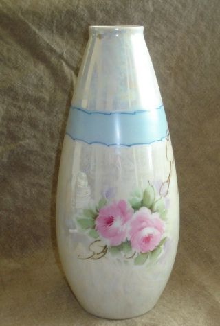 Antique H & Co Selb Bavaria Hand Painted Roses Blue Ribbon Vase Sgn Nellie 9 "