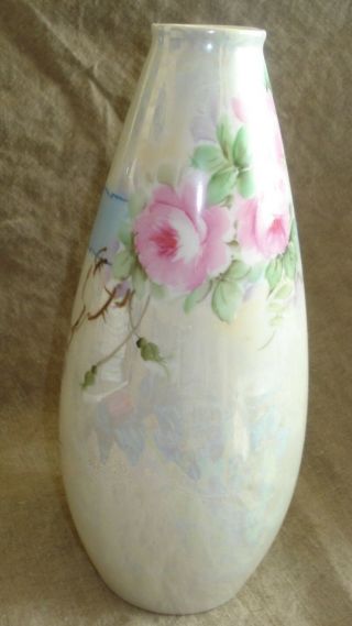 Antique H & Co Selb Bavaria Hand Painted ROSES Blue Ribbon Vase Sgn Nellie 9 