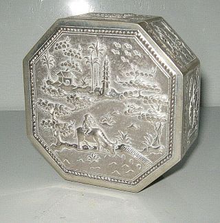 Chinese Or South East Asian Antique Silver Octagonal Box Oxen Pagoda Palm Trees